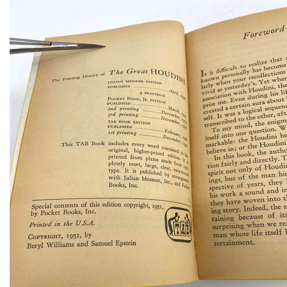 The Great Houdini by Beryl Williams Samuel Epstein TAB Teen Age 1951 Paperback - Picture 8 of 8